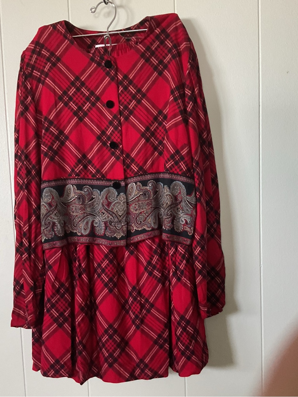 KarinSteven’s Red Plaid Long Sleeve Dress with Paisley Waistband Accent skirt.